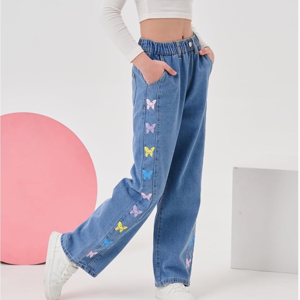 Rolanko Girls Blue Jeans with Butterfly Accents Size 7-8 NWT